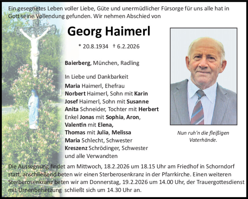  Traueranzeige für Georg Haimerl vom 16.02.2026 aus Bayerwald Echo