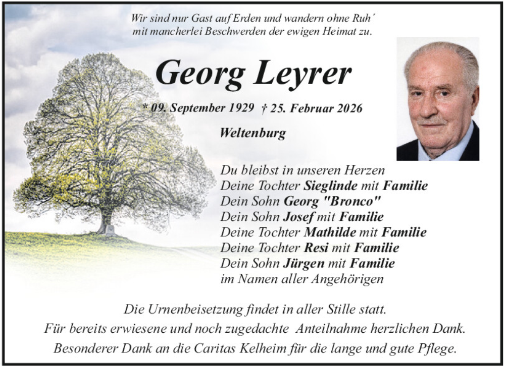  Traueranzeige für Georg Leyrer vom 28.02.2026 aus Mittelbayerische Zeitung Kelheim
