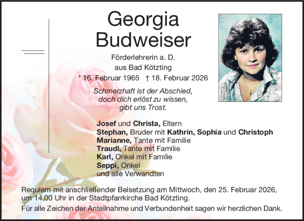  Traueranzeige für Georgia Budweiser vom 21.02.2026 aus Bayerwald Echo