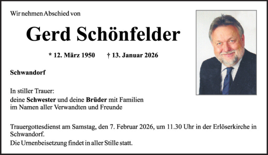 Traueranzeige von Gerd Schönfelder von Mittelbayerische Zeitung Schwandorf