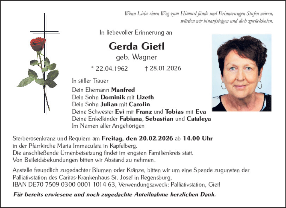  Traueranzeige für Gerda Gietl vom 18.02.2026 aus Mittelbayerische Zeitung Kelheim