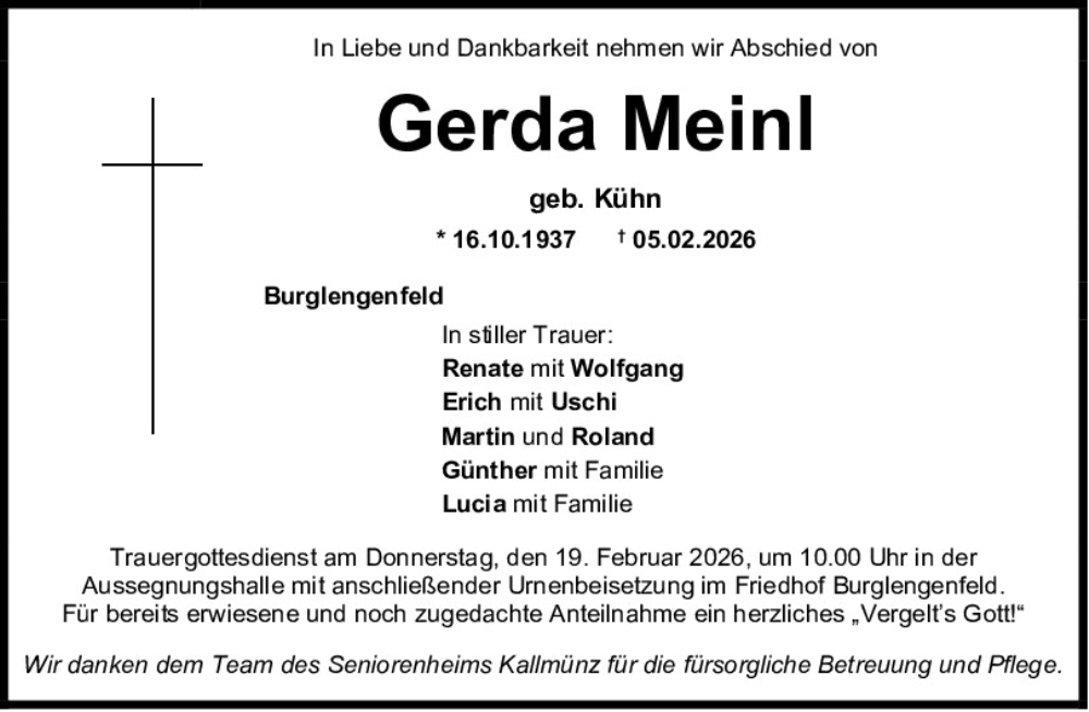  Traueranzeige für Gerda Meinl vom 16.02.2026 aus Mittelbayerische Zeitung Schwandorf