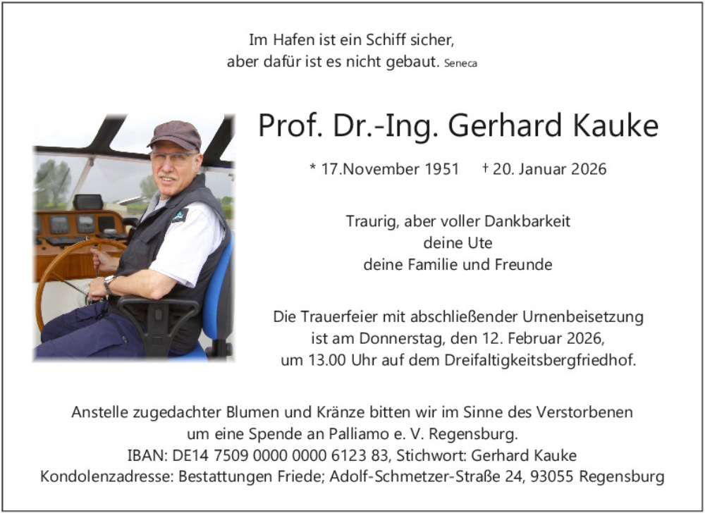  Traueranzeige für Gerhard Kauke vom 07.02.2026 aus Mittelbayerische Zeitung Regensburg