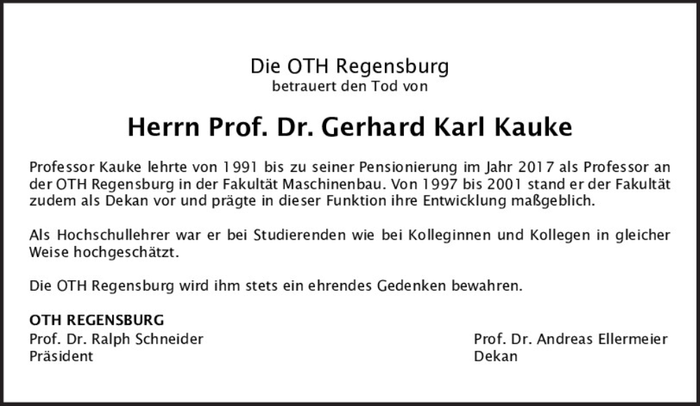  Traueranzeige für Gerhard Karl Kauke vom 13.02.2026 aus Mittelbayerische Zeitung Regensburg