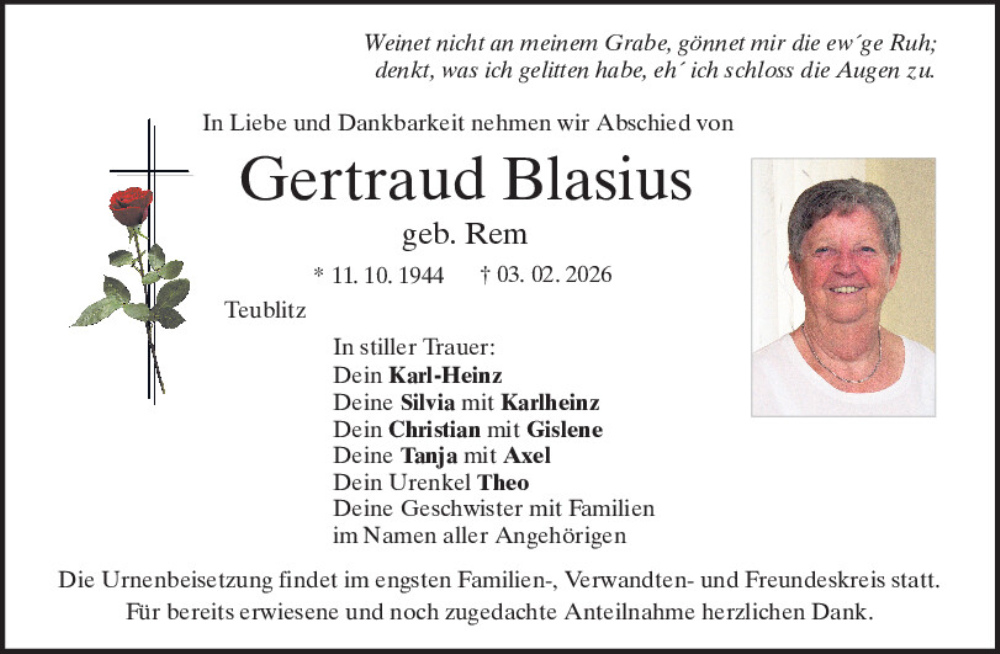  Traueranzeige für Gertraud Blasius vom 14.02.2026 aus Mittelbayerische Zeitung Schwandorf