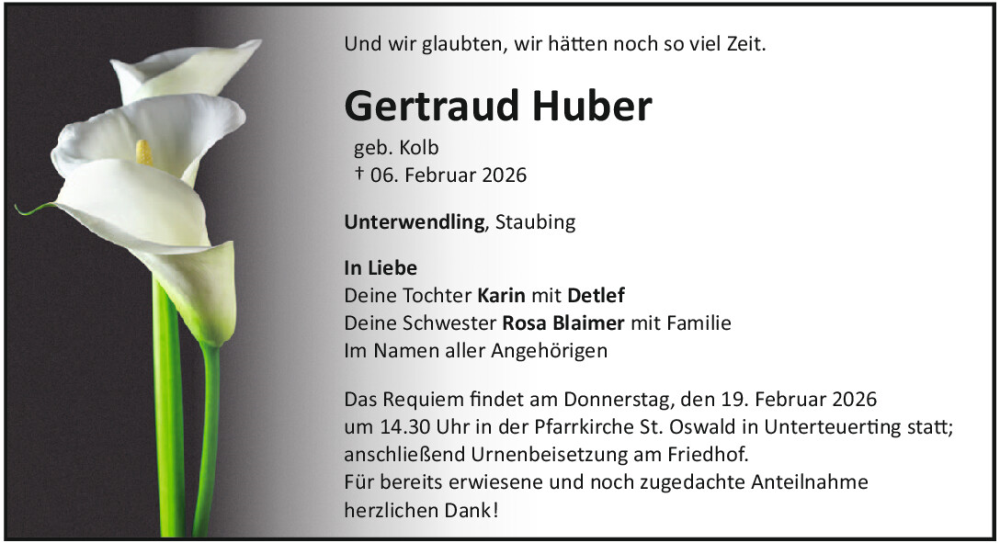 Traueranzeige für Gertraud Huber vom 17.02.2026 aus Mittelbayerische Zeitung Kelheim