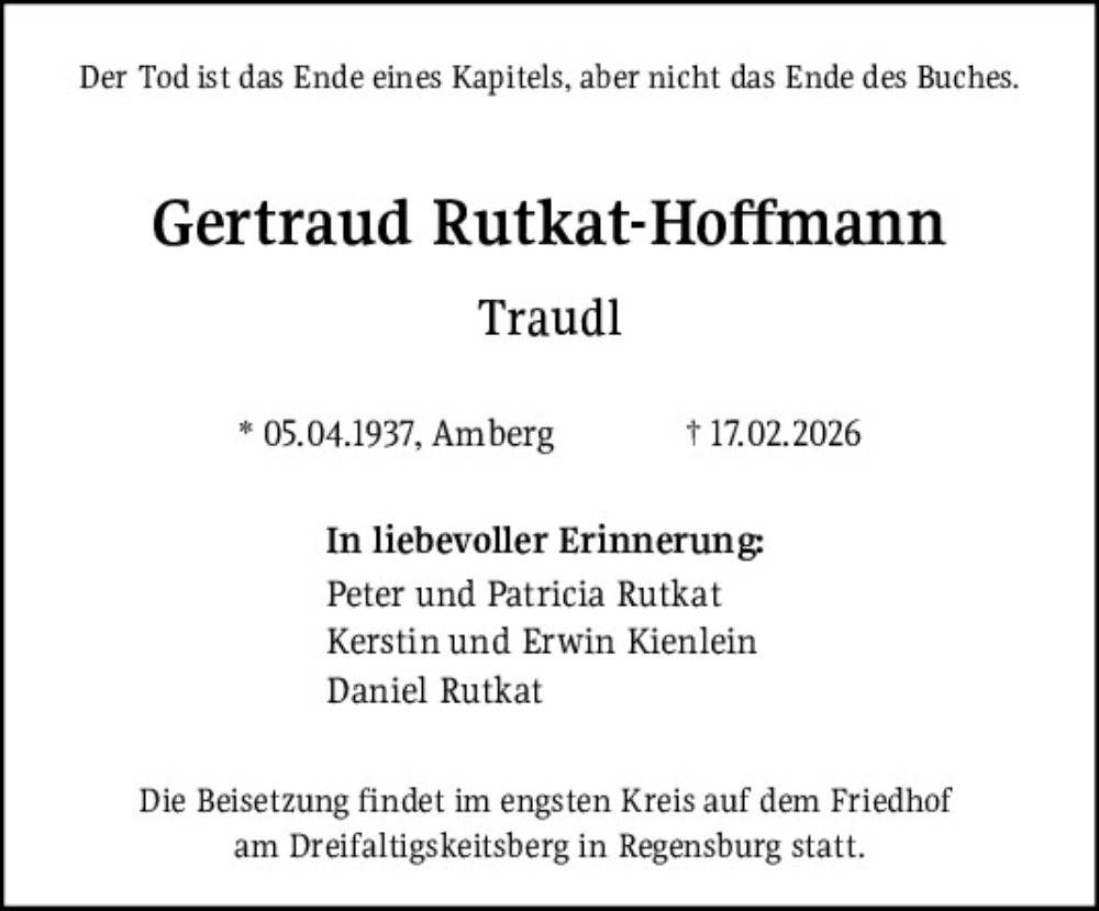  Traueranzeige für Gertraud Rutkat-Hoffmann vom 21.02.2026 aus Mittelbayerische Zeitung Regensburg