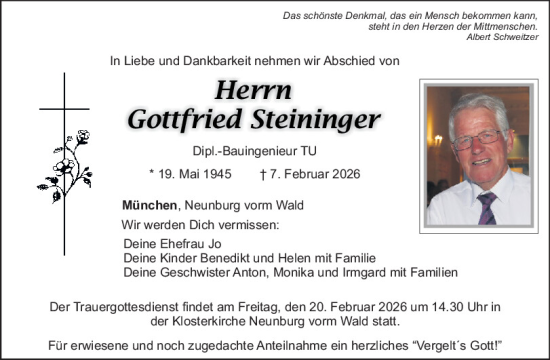 Traueranzeige von Gottfried Steininger von Mittelbayerische Zeitung Schwandorf