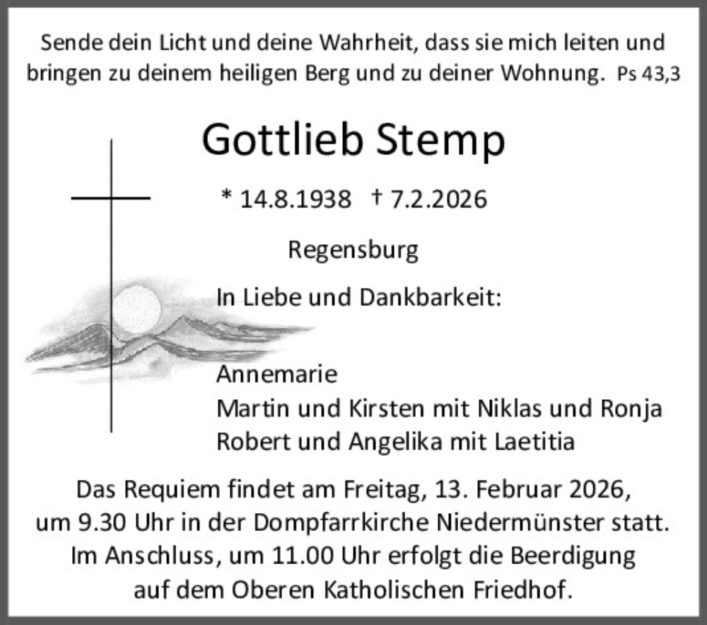  Traueranzeige für Gottlieb Stemp vom 11.02.2026 aus Mittelbayerische Zeitung Regensburg