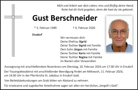 Traueranzeige von Gust Berschneider von Mittelbayerische Zeitung Schwandorf