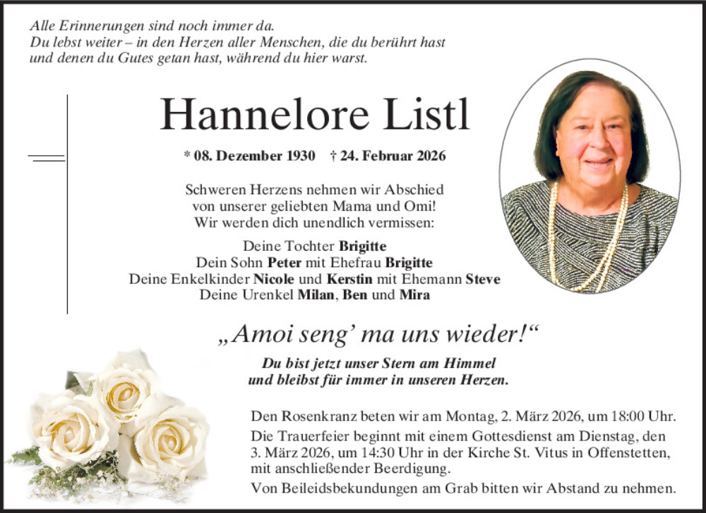  Traueranzeige für Hannelore Listl vom 28.02.2026 aus Mittelbayerische Zeitung Kelheim
