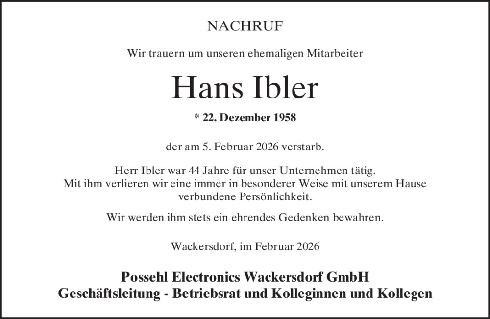  Traueranzeige für Hans Ibler vom 19.02.2026 aus Mittelbayerische Zeitung Schwandorf