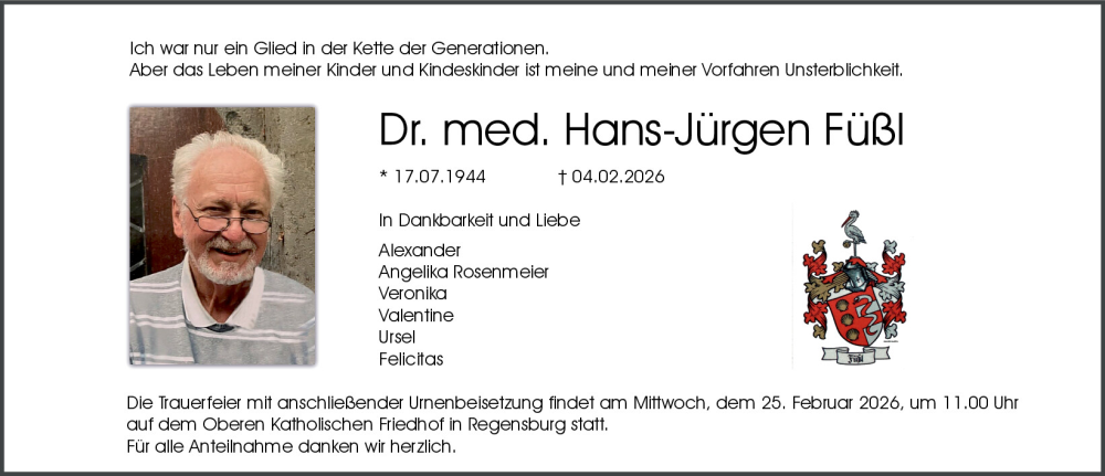  Traueranzeige für Hans-Jürgen Füßl vom 14.02.2026 aus Mittelbayerische Zeitung Regensburg