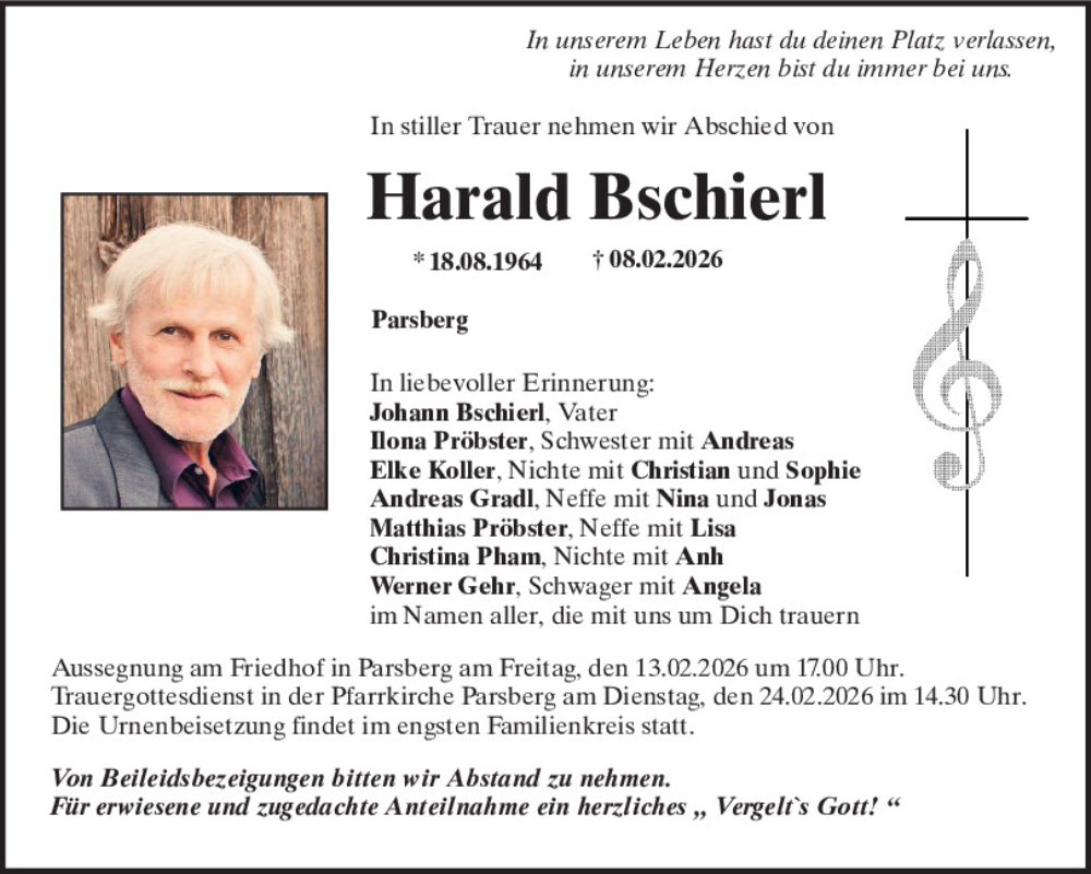  Traueranzeige für Harald Bschierl vom 12.02.2026 aus Neumarkter Tagblatt