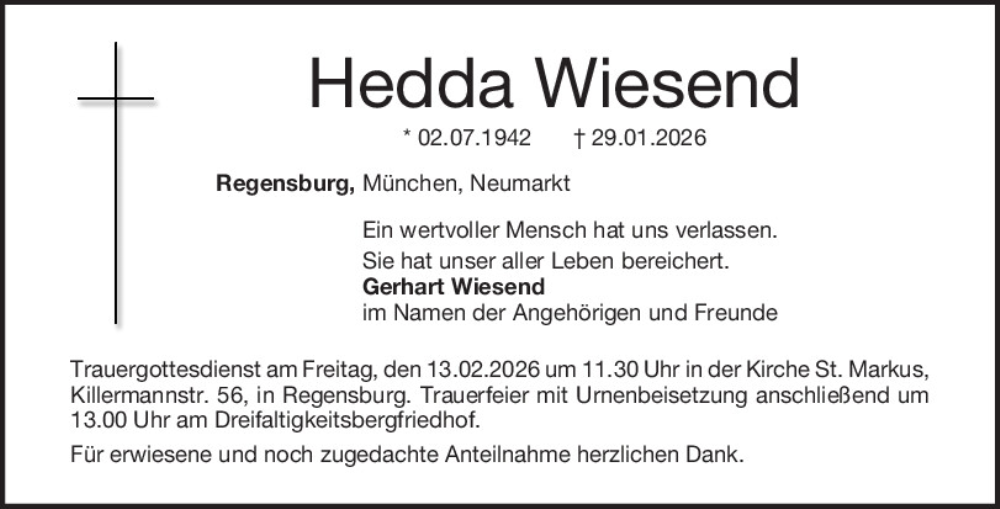  Traueranzeige für Hedda Wiesend vom 07.02.2026 aus Mittelbayerische Zeitung Regensburg