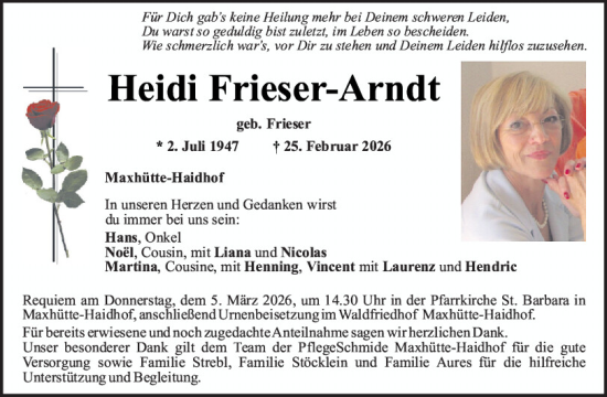 Traueranzeige von Heidi Frieser-Arndt von Mittelbayerische Zeitung Schwandorf