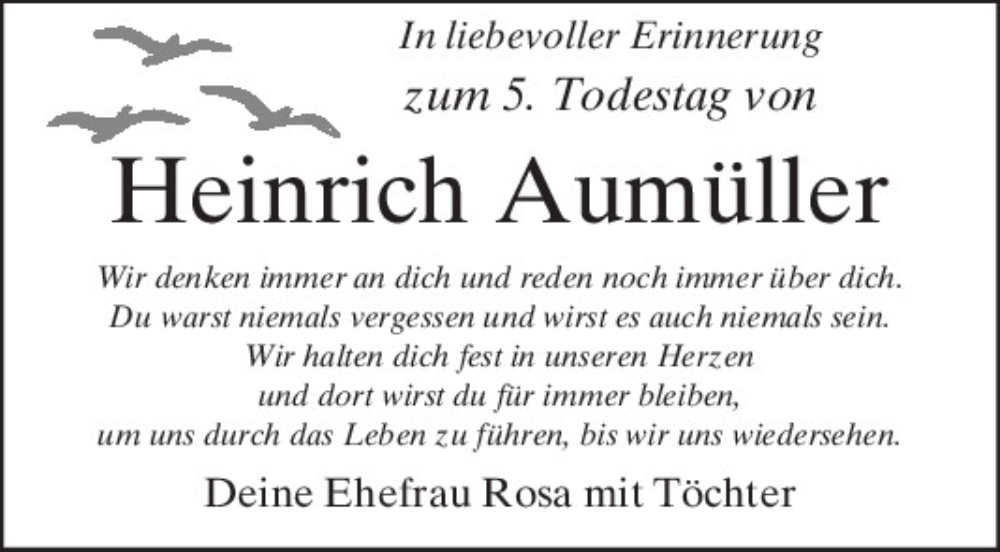  Traueranzeige für Heinrich Aumüller vom 16.02.2026 aus Mittelbayerische Zeitung Regensburg