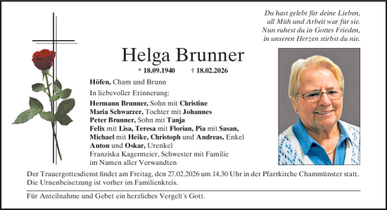 Traueranzeige von Helga Brunner von Bayerwald Echo