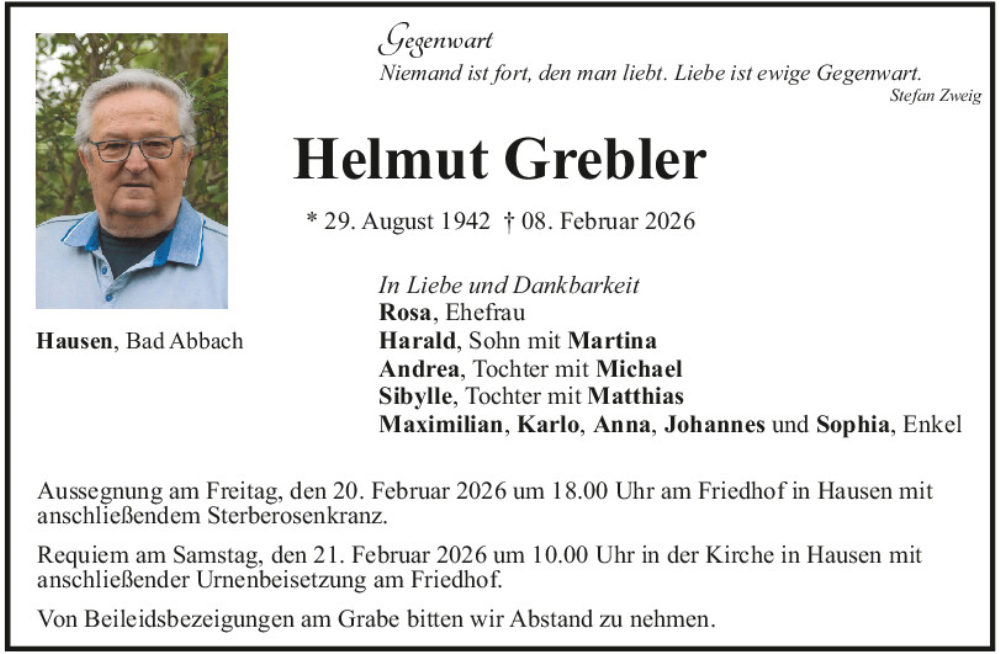  Traueranzeige für Helmut Grebler vom 14.02.2026 aus Mittelbayerische Zeitung Kelheim