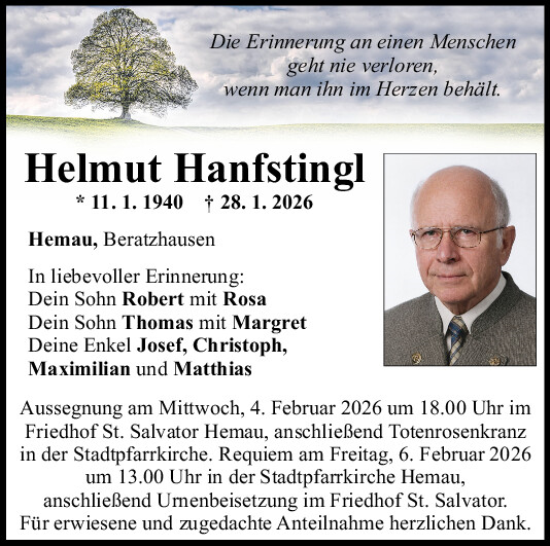 Traueranzeige von Helmut Hanfstingl von Mittelbayerische Zeitung Regensburg