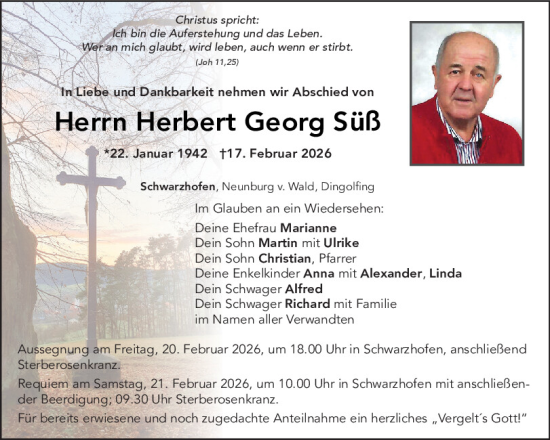 Traueranzeige von Herbert Georg Süß von Mittelbayerische Zeitung Schwandorf