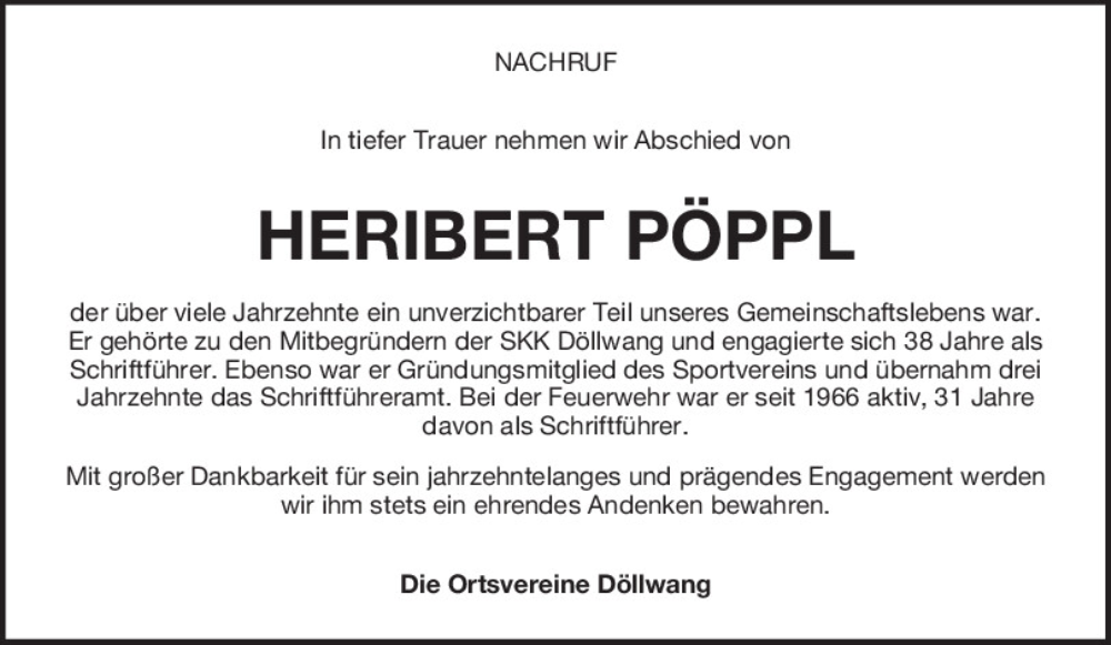  Traueranzeige für Heribert Pöppl vom 05.02.2026 aus Neumarkter Tagblatt
