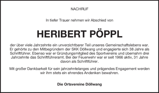 Traueranzeige von Heribert Pöppl von Neumarkter Tagblatt