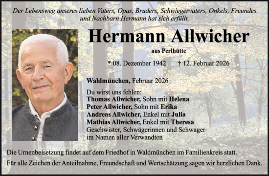 Traueranzeige von Hermann Allwicher von Bayerwald Echo