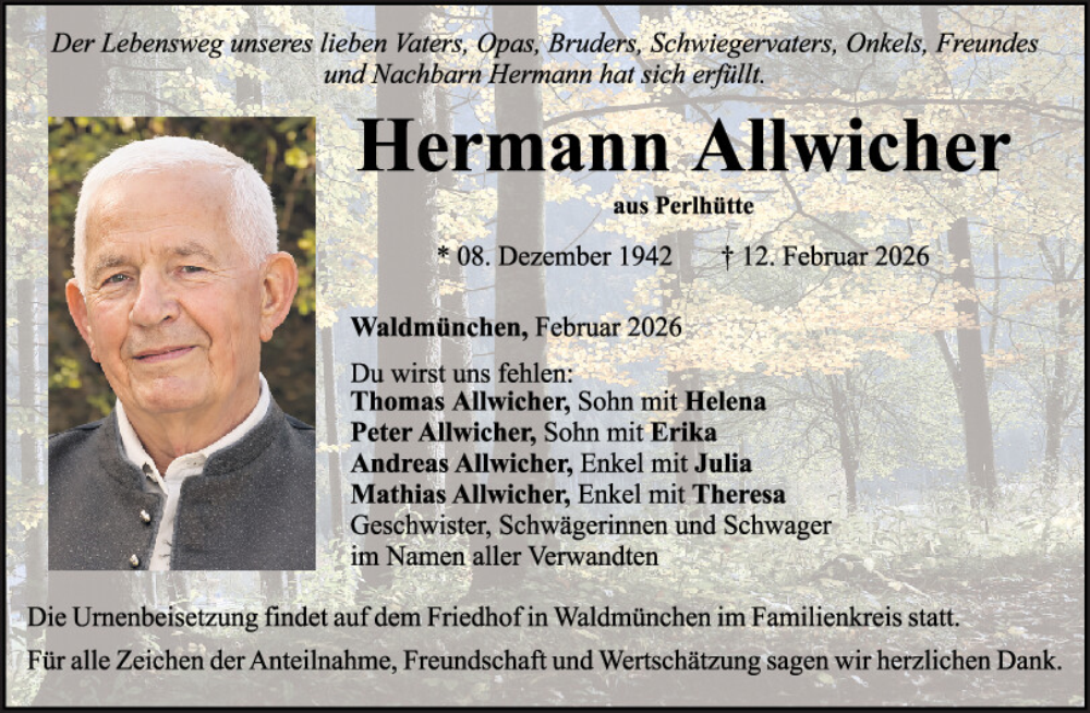  Traueranzeige für Hermann Allwicher vom 19.02.2026 aus Bayerwald Echo