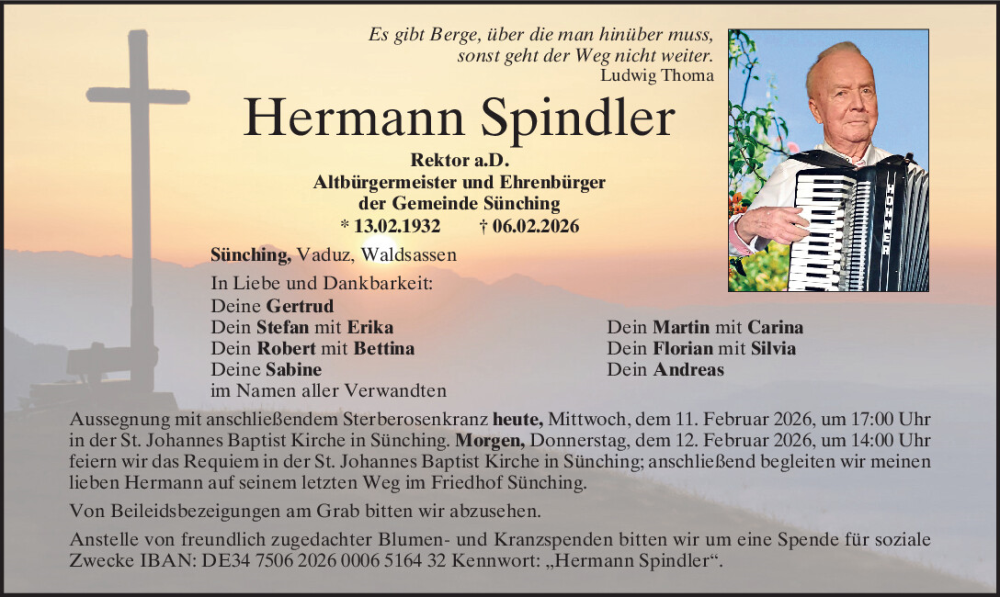  Traueranzeige für Hermann Spindler vom 11.02.2026 aus Mittelbayerische Zeitung Regensburg