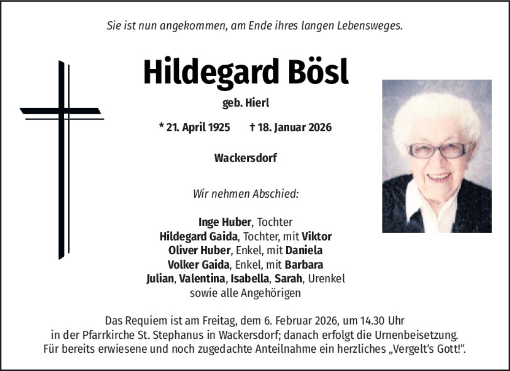  Traueranzeige für Hildegard Bösl vom 03.02.2026 aus Mittelbayerische Zeitung Schwandorf