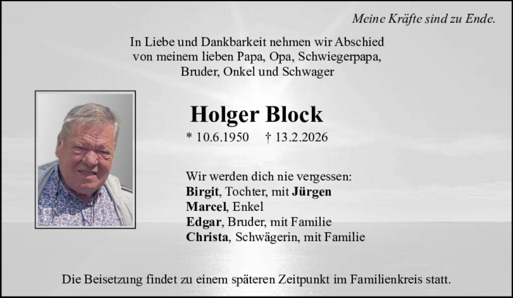  Traueranzeige für Holger Block vom 21.02.2026 aus Neumarkter Tagblatt