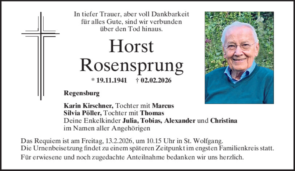  Traueranzeige für Horst Rosensprung vom 11.02.2026 aus Mittelbayerische Zeitung Regensburg