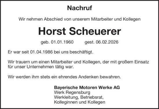 Traueranzeige von Horst Scheuerer von Mittelbayerische Zeitung Regensburg
