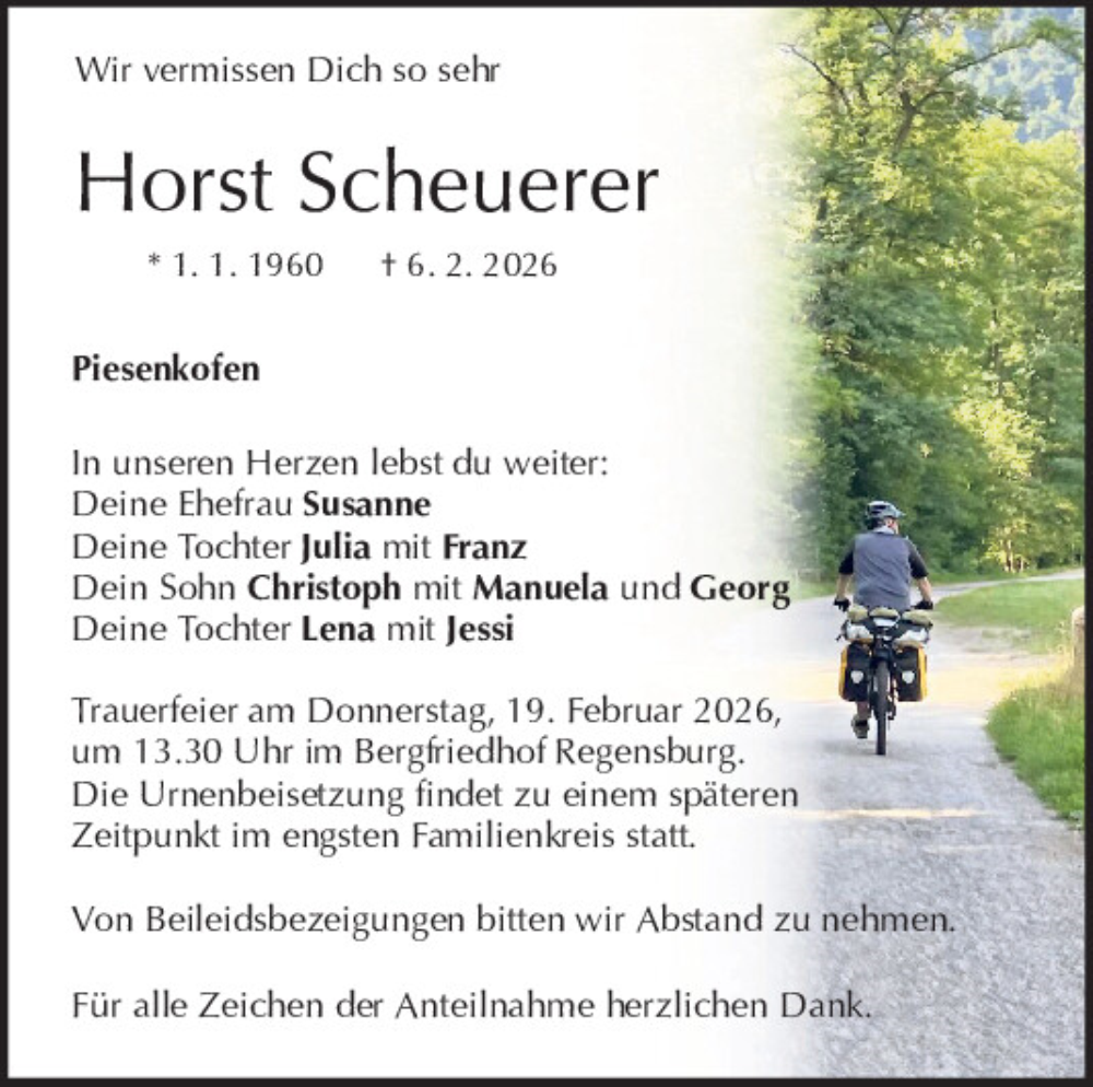 Traueranzeige für Horst Scheuerer vom 14.02.2026 aus Mittelbayerische Zeitung Regensburg