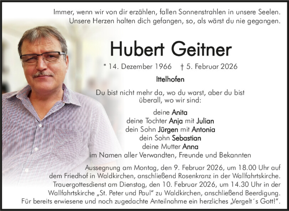  Traueranzeige für Hubert Geitner vom 07.02.2026 aus Neumarkter Tagblatt