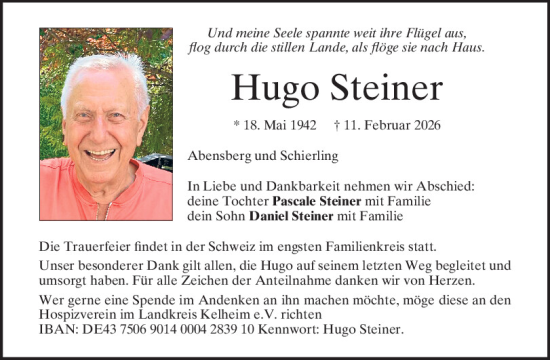 Traueranzeige von Hugo Steiner von Mittelbayerische Zeitung Kelheim
