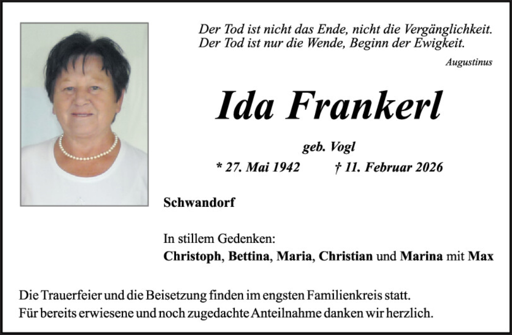  Traueranzeige für Ida Frankerl vom 26.02.2026 aus Mittelbayerische Zeitung Schwandorf