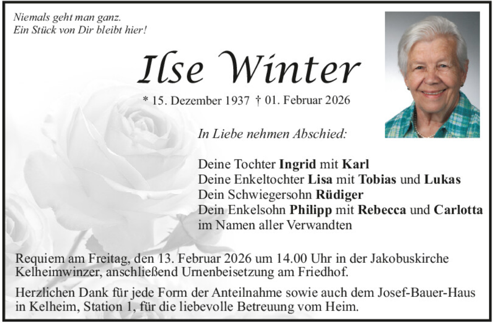  Traueranzeige für Ilse Winter vom 11.02.2026 aus Mittelbayerische Zeitung Kelheim