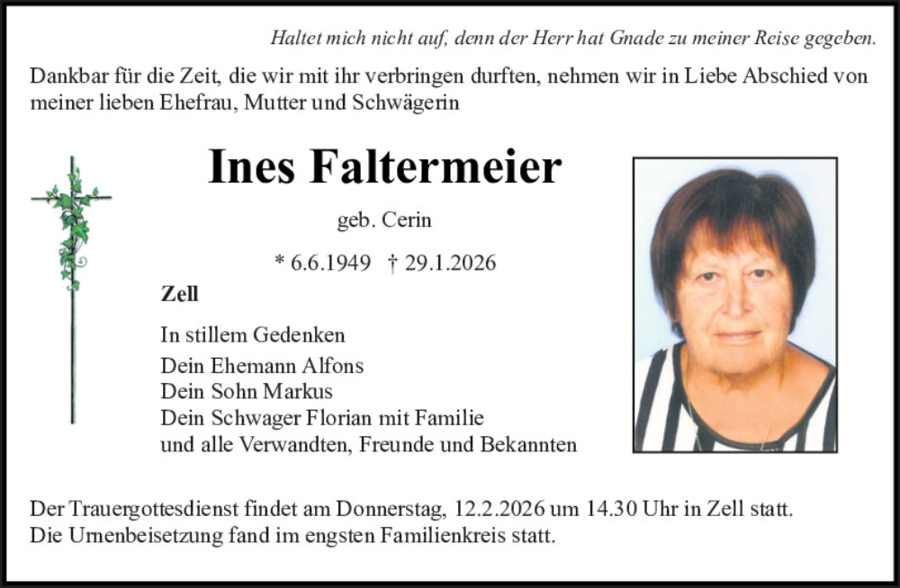  Traueranzeige für Ines Faltermeier vom 10.02.2026 aus Bayerwald Echo