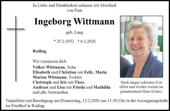 Traueranzeige von Ingeborg Wittmann von Bayerwald Echo