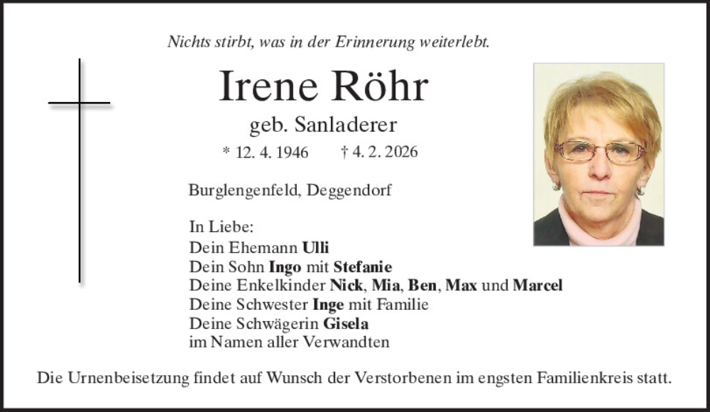  Traueranzeige für Irene Röhr vom 14.02.2026 aus Mittelbayerische Zeitung Schwandorf