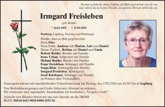 Traueranzeige von Irmgard Freisleben von Neumarkter Tagblatt