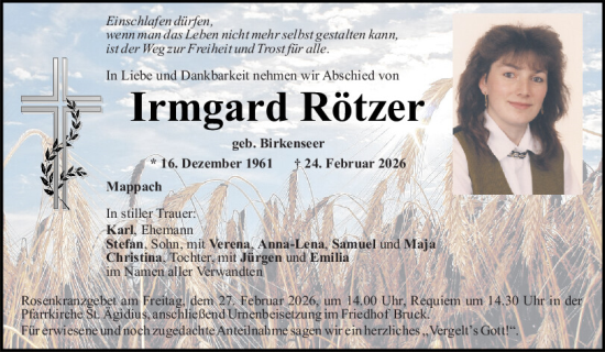 Traueranzeige von Irmgard Rötzer von Mittelbayerische Zeitung Schwandorf