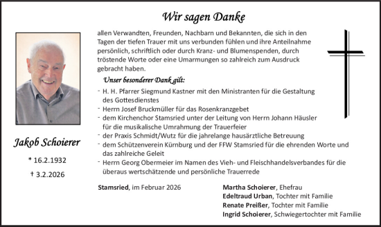 Traueranzeige von Jakob Schoierer von Mittelbayerische Zeitung Schwandorf, Bayerwald Echo