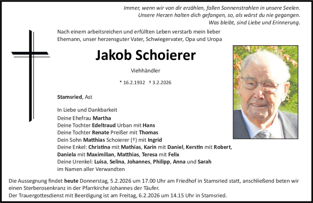  Traueranzeige für Jakob Schoierer vom 05.02.2026 aus Bayerwald Echo, Mittelbayerische Zeitung Schwandorf