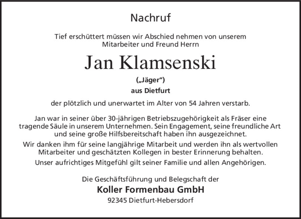 Traueranzeige für Jan Klamsenski vom 23.02.2026 aus Neumarkter Tagblatt