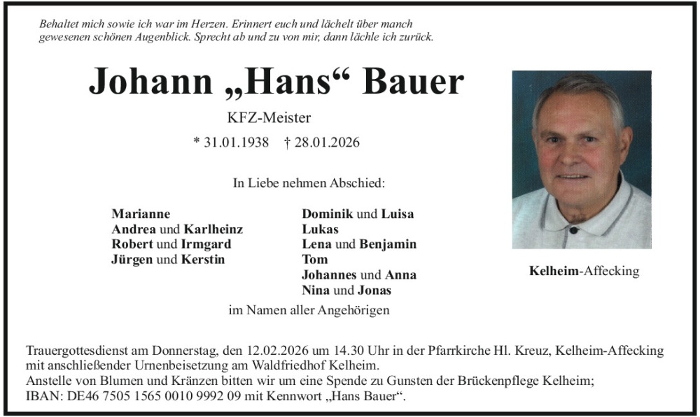  Traueranzeige für Johann Bauer vom 07.02.2026 aus Mittelbayerische Zeitung Kelheim