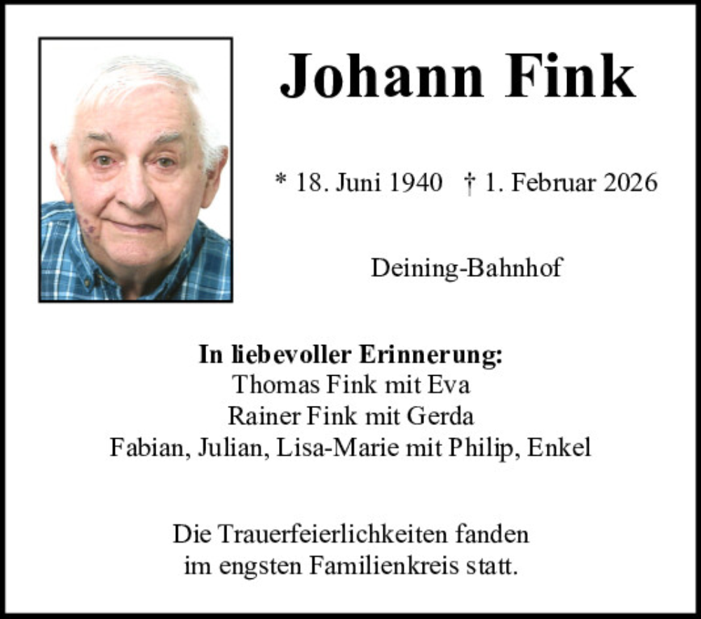  Traueranzeige für Johann Fink vom 06.02.2026 aus Neumarkter Tagblatt