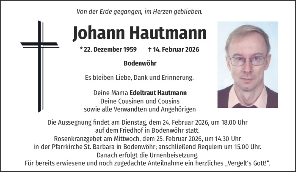  Traueranzeige für Johann Hautmann vom 21.02.2026 aus Mittelbayerische Zeitung Schwandorf